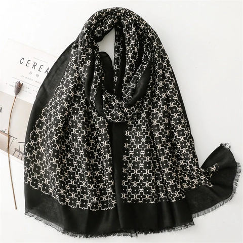 Geometric Pattern Scarf Shawl For Women Satin Cotton Polyester Soft Lightweight Frayed Edge Tassel Wrap Fashionable Versatile