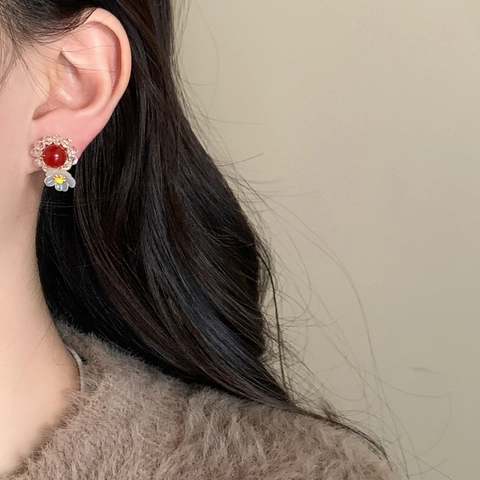 Vintage Flower Stud Earrings With 925 Sterling Silver Earring Post Colorful Crystal Artificial Pearl Sweet Elegant Jewelry For Women