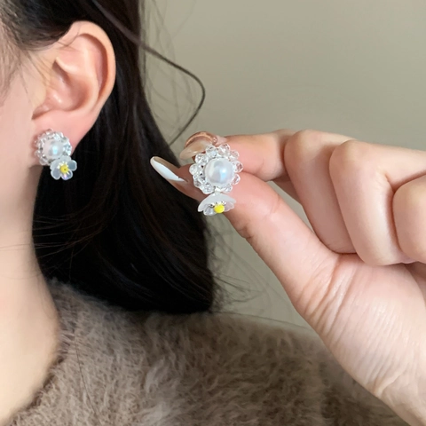Vintage Flower Stud Earrings With 925 Sterling Silver Earring Post Colorful Crystal Artificial Pearl Sweet Elegant Jewelry For Women