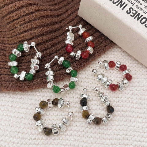 Orecchini A Cerchio Con Perline Occhio Di Tigre Agata Pietra Naturale Rétro Rame 925 Argento Sterling