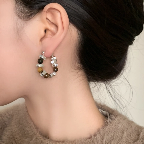 Orecchini A Cerchio Con Perline Occhio Di Tigre Agata Pietra Naturale Rétro Rame 925 Argento Sterling