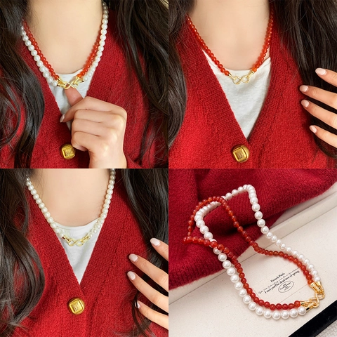 Elegant Red Agate And Artificial Pearl Beaded Necklace Copper Infinity Symbol Clasp Clavicle Chain Jewelry For Women Gift