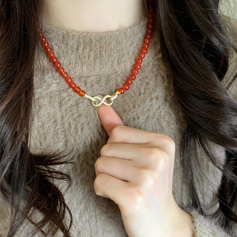 Double Layer Necklace Copper Red Agate Simulated Artificial Pearl Infinity Symbol Clasp Sparkling Zircon Handmade Jewelry Women