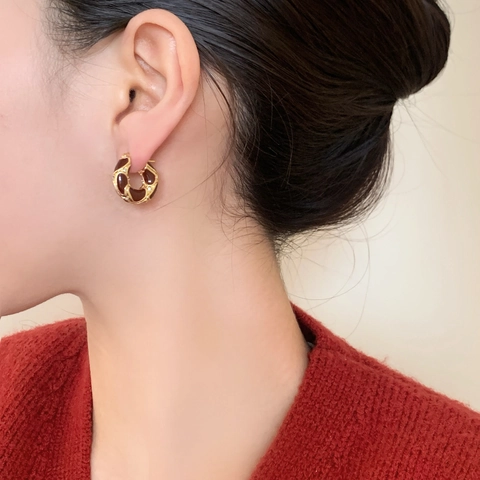 Irregular Ancora Red Enamel Hoop Earrings With 925 Sterling Silver Earring Post Gold Plated Copper Cubic Zirconia Vintage