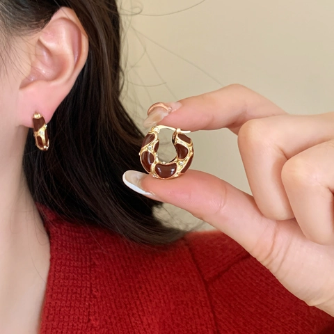 Irregular Ancora Red Enamel Hoop Earrings With 925 Sterling Silver Earring Post Gold Plated Copper Cubic Zirconia Vintage