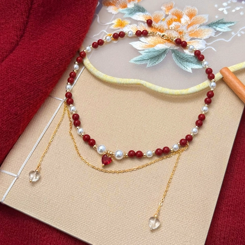 Collar De Cuentas De Cobre Con Perla Artificial De Imitación Colgante Corazón Zircón Rojo Borla Estilo Coreano Vintage Para Mujer