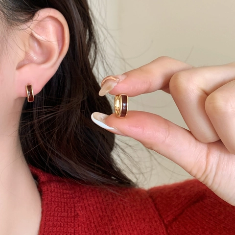 Pendientes De Aro Retro Franceses Esmalte Rojo Hebillas De Oreja Geométricas Redondas Cobre Chapado En Oro Joyas Mujer