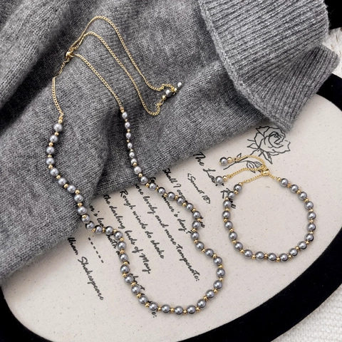 Lustrous Freshwater Pearl Necklace Bracelet Gold Plated Metal Beads Adjustable Sliding Buckle Vintage French Style Jewelry