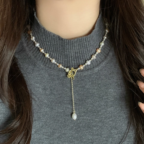 Retro Freshwater Pearl Necklace 14K Gold Plated Copper Rose Flower OT Clasp Waterdrop Pendant For Women High End Design