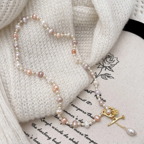 Retro Freshwater Pearl Necklace 14K Gold Plated Copper Rose Flower OT Clasp Waterdrop Pendant For Women High End Design