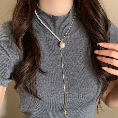 Elegant Artificial Pearl Spliced Snake Chain Necklace Y-Shape Design Long Sweater Chain Jewelry For Women