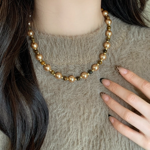 Collana Di Künstliche Perle E Pietra Occhio Di Tigre Vintage Per Donna Stile Maillard Gioielli Retro Eleganti