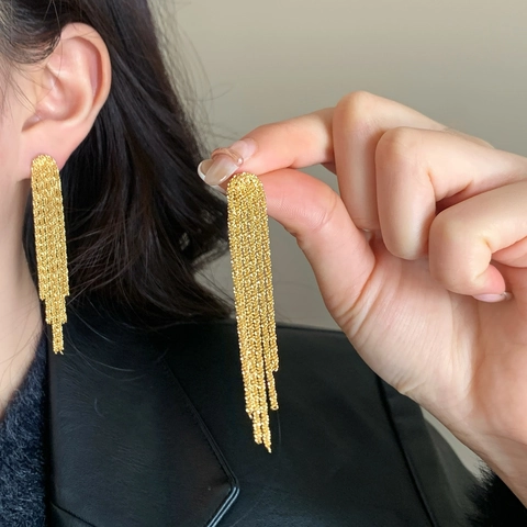 Lange Quasten-Ohrhänger Kupfer 18K Vergoldet Mit 925er Sterlingsilber-Ohrstecker Elegant Glänzend Damen