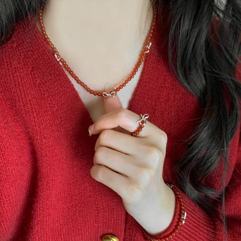 Red Agate Beaded Necklace Bracelet Ring With Silver Color Bow Pendants French Vintage Elegant Jewelry For Women
