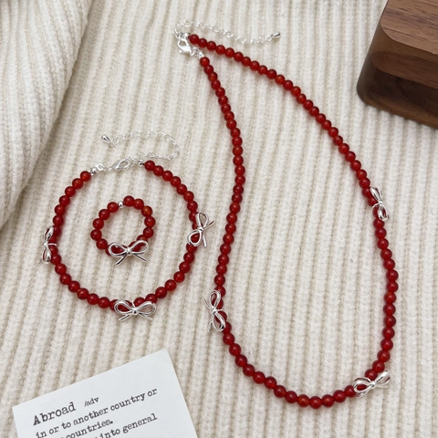 Red Agate Beaded Necklace Bracelet Ring With Silver Color Bow Pendants French Vintage Elegant Jewelry For Women