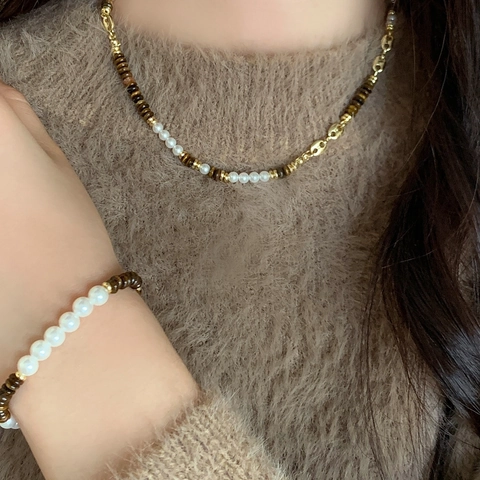 Collana Di Perline Occhio Di Tigre Perla Artificial Vintage Placcato Oro Gioielli Per Donna Stile Retro Maillard