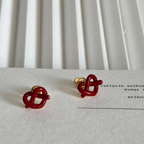 Boucles Oreilles Clous Noeud Coeur Émail Rouge Ancre Plaqué Or Avec Tige En Argent Sterling 925 Pour Femme Simple