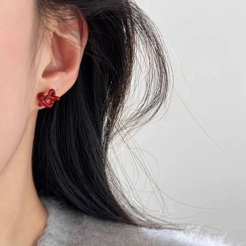 Boucles Oreilles Clous Noeud Coeur Émail Rouge Ancre Plaqué Or Avec Tige En Argent Sterling 925 Pour Femme Simple