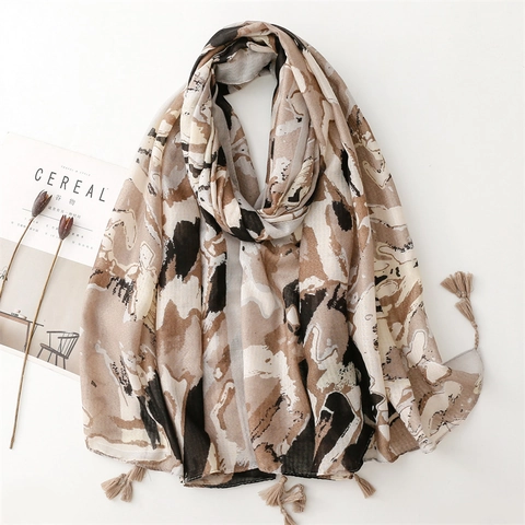 Écharpe Châle À Imprimé Abstrait Avec Glands Polyester Léger Toucher Coton Lin Protection Solaire Pour Femmes