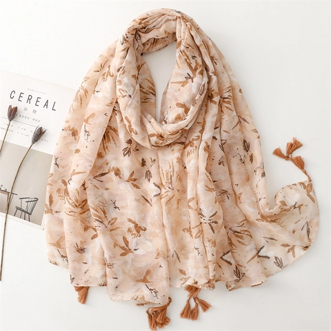 Écharpe Femme Imprimé Fleuri Voile Polyester Léger Châle Protection Solaire Avec Glands Printemps Été Style Bohème Élégant