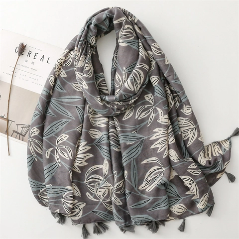 Grote Sjaal Dames Polyester Katoen Linnen Gevoel Bloemenprint Bladeren Kwastjes Zacht Lichtgewicht Elegant Reizen Omslagdoek