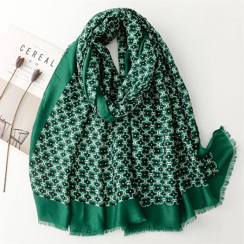Geometric Pattern Scarf Shawl For Women Satin Cotton Polyester Soft Lightweight Frayed Edge Tassel Wrap Fashionable Versatile