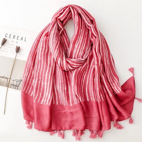 Écharpe Châle À Rayures Polyester Sensation Coton Lin Rayures Verticales Doux Longue Enveloppement À Franges Femmes Voyage