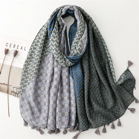 Langer Schal Retro Geometrisches Patchwork Quaste Leichter Schal Polyester Baumwoll Leinen Gefühl Atmungsaktiv Weich