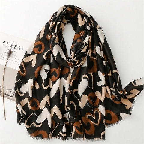Heart Print Scarf For Women Lightweight Warm Shawl With Fringed Edges Cotton Linen Feel Fashion Polyester Wrap
