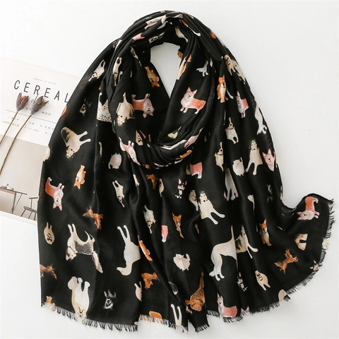Cartoon Dog Print Scarf Shawl Lightweight Polyester Women Cute Animal Pattern Frayed Edge Fringed Neck Wrap