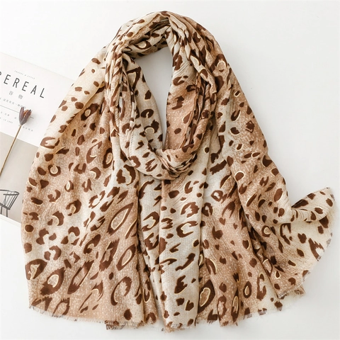 Women Leopard Print Long Scarf Soft Polyester Cotton Warm Shawl Gold Foil Elegant Fringed Wrap Accessories