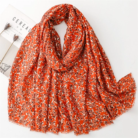 Women Elegant Gold Foil Leaf Print Scarf Shawl Polyester Cotton Linen Feel Lightweight Bronzing Pashmina Wrap