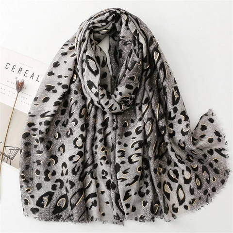 Women Leopard Print Long Scarf Soft Polyester Cotton Warm Shawl Gold Foil Elegant Fringed Wrap Accessories