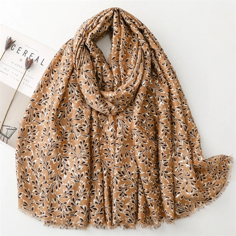 Women Elegant Gold Foil Leaf Print Scarf Shawl Polyester Cotton Linen Feel Lightweight Bronzing Pashmina Wrap
