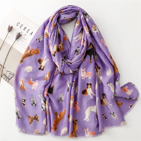 Cartoon Dog Print Scarf Shawl Lightweight Polyester Women Cute Animal Pattern Frayed Edge Fringed Neck Wrap