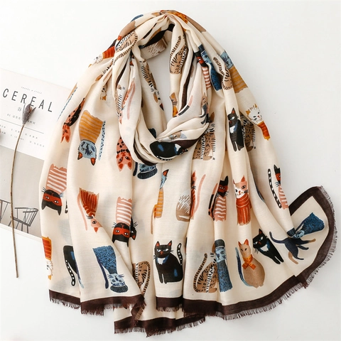 Fashion Scarf Shawl Cartoon Cat Print Cotton Polyester Blend Tassel Fringe Soft Warm Women Wrap
