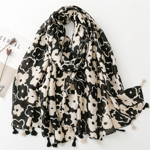 Large Floral Print Scarf With Tassels Retro Poppy Pattern Polyester Shawl Cotton Linen Feel Fashion Wrap For Women