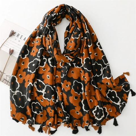 Large Floral Print Scarf With Tassels Retro Poppy Pattern Polyester Shawl Cotton Linen Feel Fashion Wrap For Women