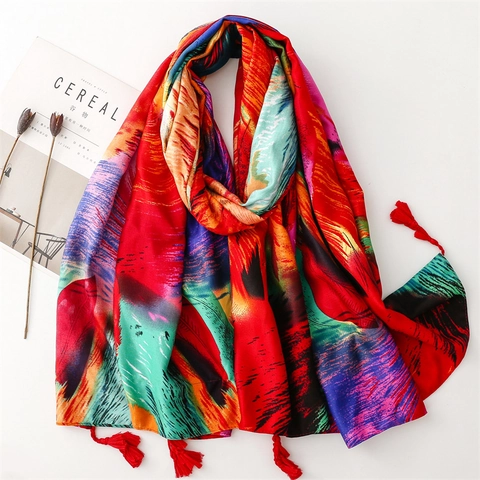 Ethno Pfauenfeder Druck Schal Damen Langer Quasten Schultertuch Bohemian Weicher Polyester Wrap Sonnenschutz Reise Strand Cover Up