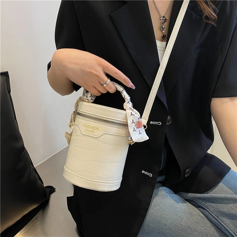 Damen Mode Zylinder Eimertasche Krokodilmuster PU Leder Handtasche Mit Schal Griff Kleine Schulter Umhängetasche Alltag
