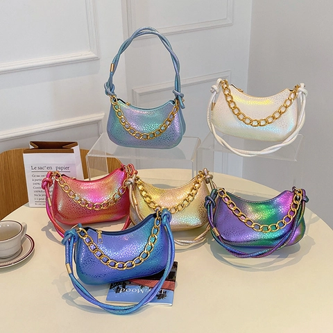 Borsa Hobo Moda Donna Pelle PU Metallizzata Trama Pelle Di Serpente Catena Dorata Spessa Iridescente Gradiente Borsa Sottobraccio