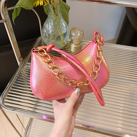 Borsa Hobo Moda Donna Pelle PU Metallizzata Trama Pelle Di Serpente Catena Dorata Spessa Iridescente Gradiente Borsa Sottobraccio