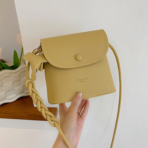 Women PU Leather Crossbody Bag Small Square Shoulder Bag With Woven Strap And Elephant Pendant Solid Color Casual Purse