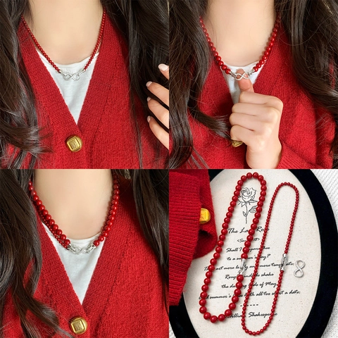 Collana A Doppio Strato Perle Rosse Con Chiusura Infinito In Strass Gioielli Eleganti Retro Minimalisti Da Donna