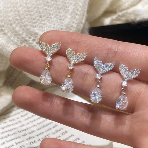Meerjungfrauenschwanz Ohrhänger Mit Zirkonia Wassertropfen Messing Für Damen 925 Sterling Silber Ohrstecker