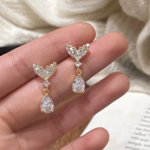 Meerjungfrauenschwanz Ohrhänger Mit Zirkonia Wassertropfen Messing Für Damen 925 Sterling Silber Ohrstecker
