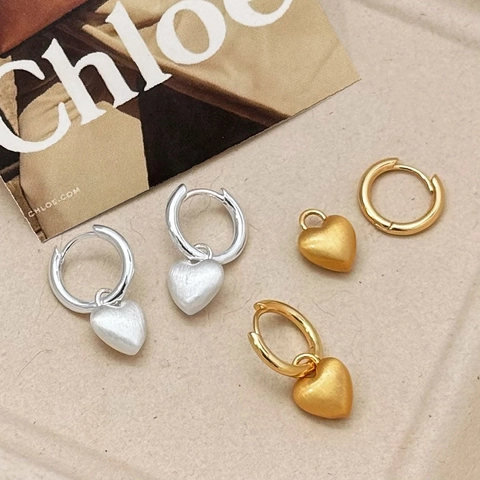 Vintage Heart Pendant Hoop Earrings Gold Plated Copper Frosted Matte Dangle Minimalist Jewelry For Women