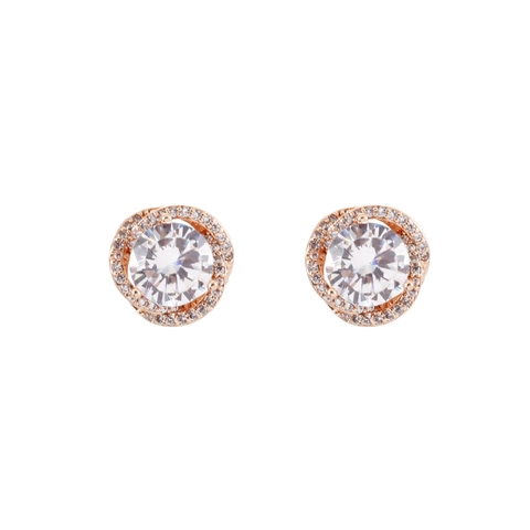 Luxurious Round Halo Stud Earrings And Adjustable Slider Bracelet Copper Rose Gold Plated Clear Cubic Zirconia Refined Elegant For Women