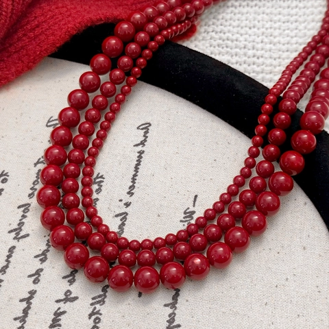 Beaded Necklace Red Faux Artificial Pearl Copper Retro Layered Choker Clavicle Chain For Women Elegant Jewelry