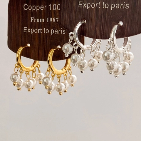 Creolen Mit Weißen Künstliche Perlen Kupfer Vergoldet Retro Quaste Hängen Schmuck Mit 925 Sterling Silber Ohrstecker Für Damen